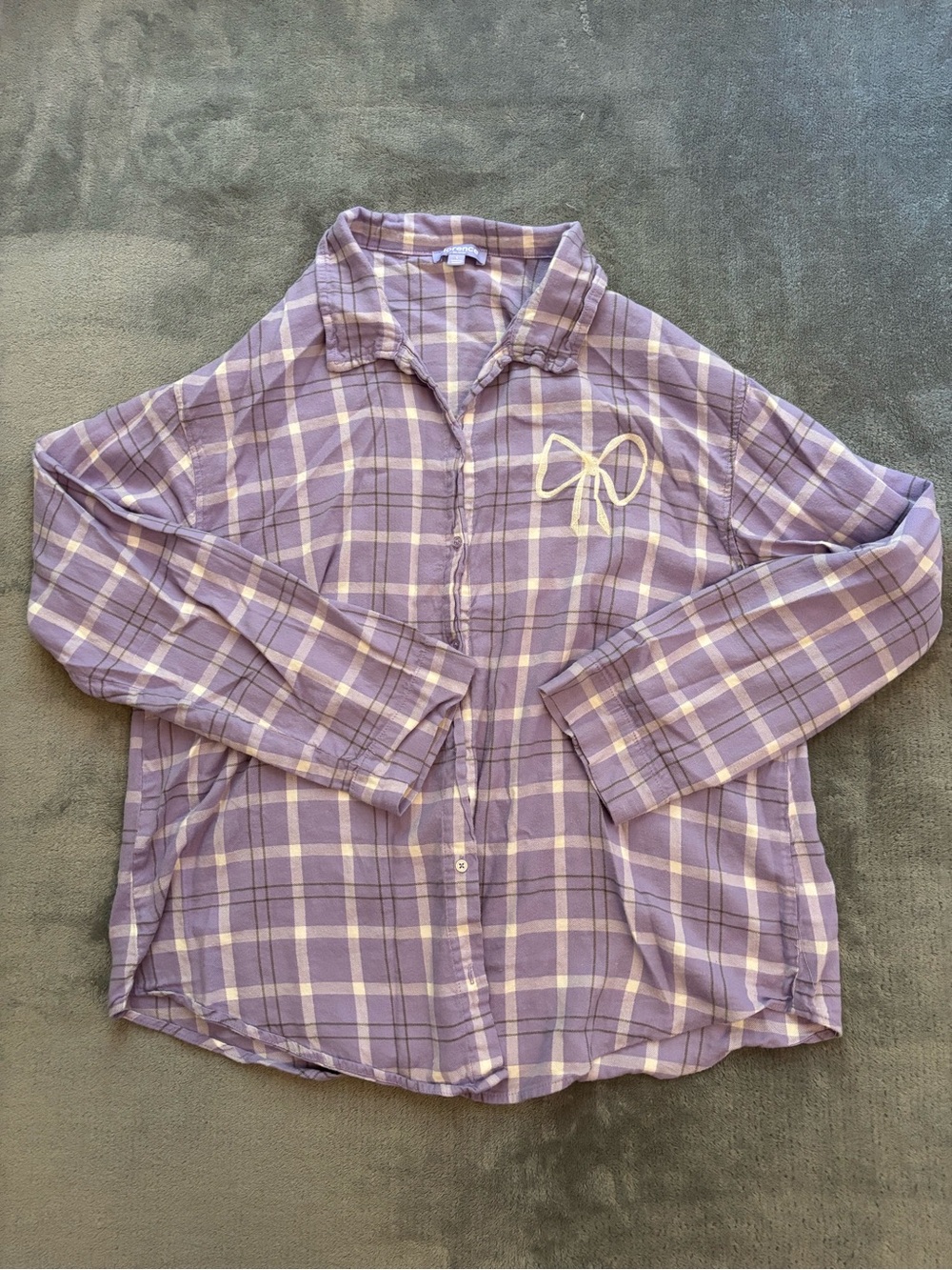 Lilac Plaid Button-Down Shirt with Bow Detail
